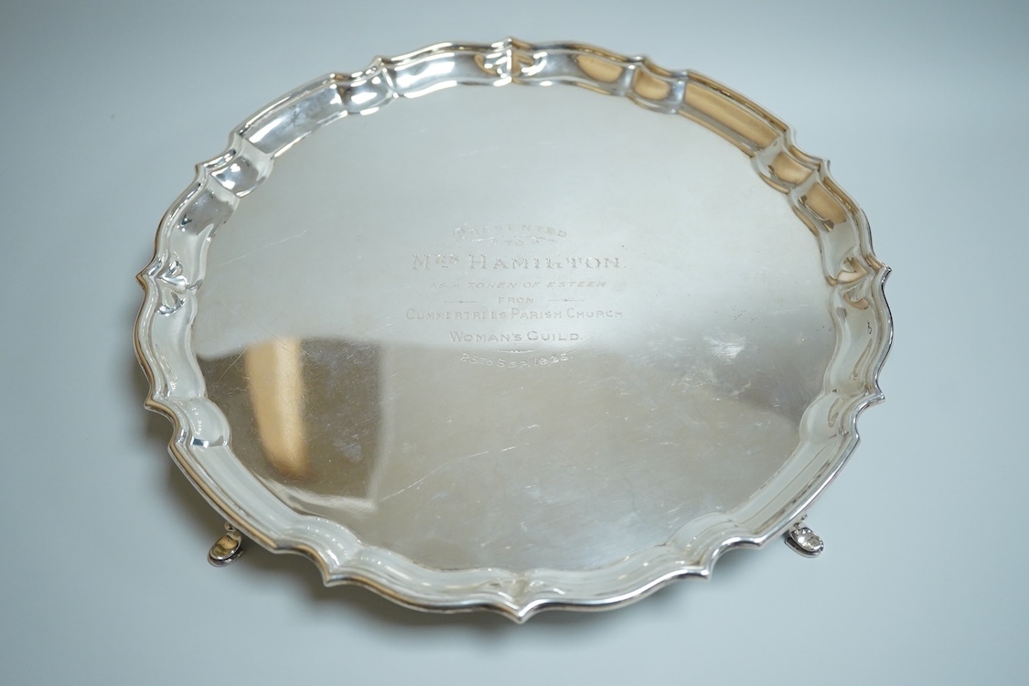 A George V silver salver, with engraved presentation inscription, Barker Brothers, Chester, 1911, 26cm, 17.5oz.